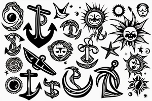 An Anchor, the sun, the moon, the stars, the sea, the wind, the waves tattoo idea