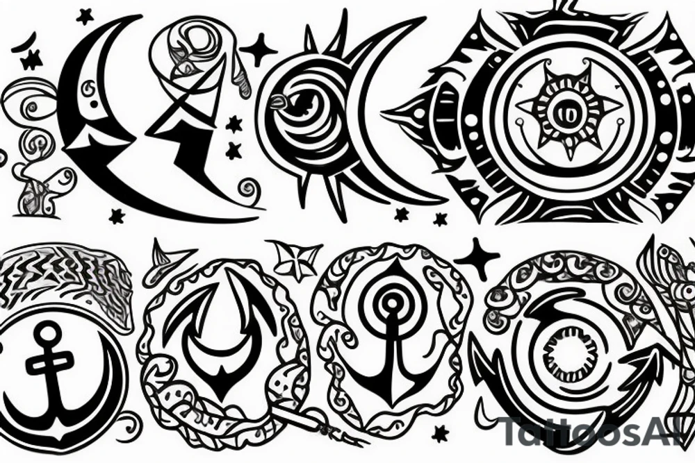 An Anchor, the sun, the moon, the stars, the sea, the wind, the waves tattoo idea