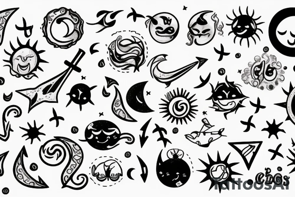 An anchor, the sun, the moon, the stars, the sea, the wind ,the waves tattoo idea