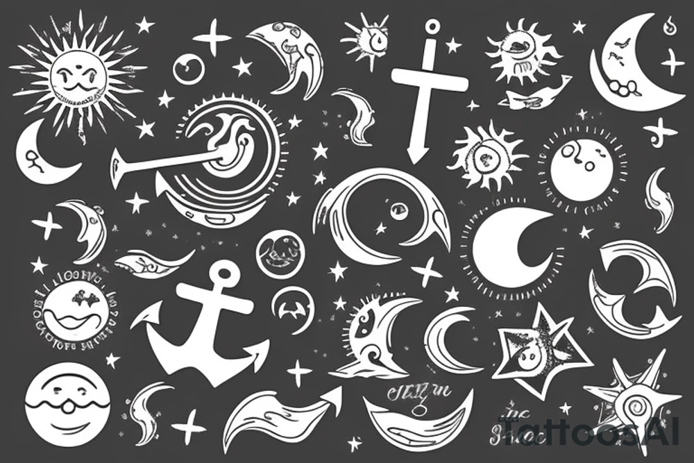 An anchor, the sun, the moon, the stars, the sea, the wind ,the waves tattoo idea