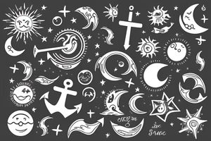 An anchor, the sun, the moon, the stars, the sea, the wind ,the waves tattoo idea