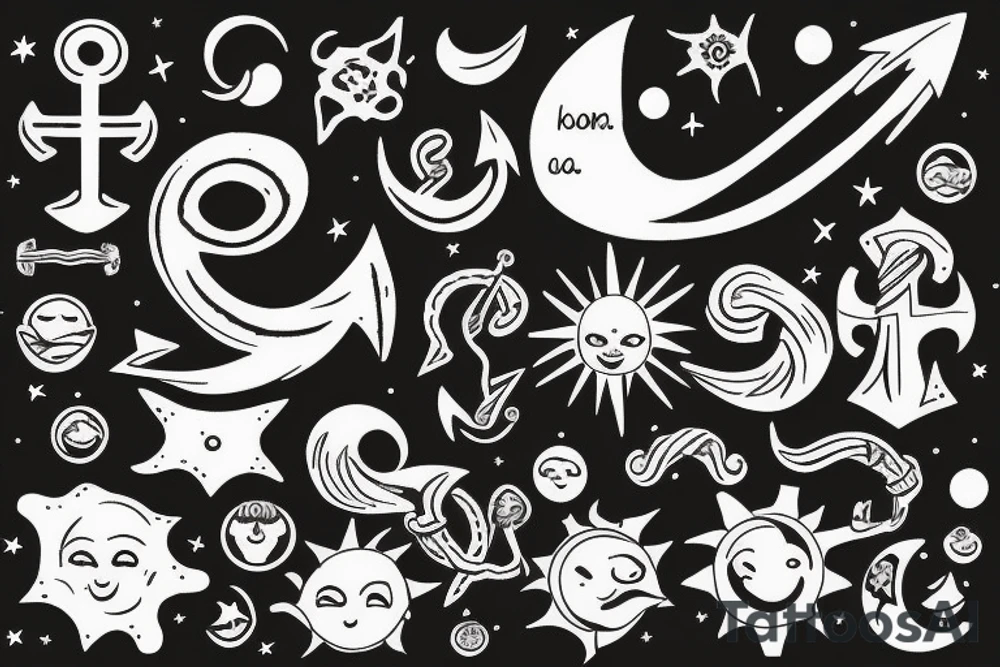 An anchor, the sun, the moon, the stars, the sea, the wind ,the waves tattoo idea