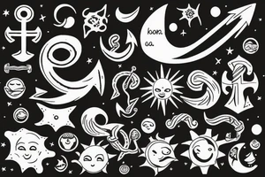An anchor, the sun, the moon, the stars, the sea, the wind ,the waves tattoo idea