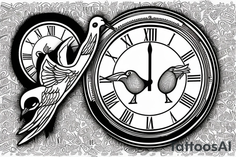 2 clocks 10:18 and 10:02
roman numerals dated 4/10/18 and 01/06/23
Two white doves tattoo idea