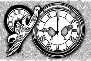 2 clocks 10:18 and 10:02
roman numerals dated 4/10/18 and 01/06/23
Two white doves tattoo idea