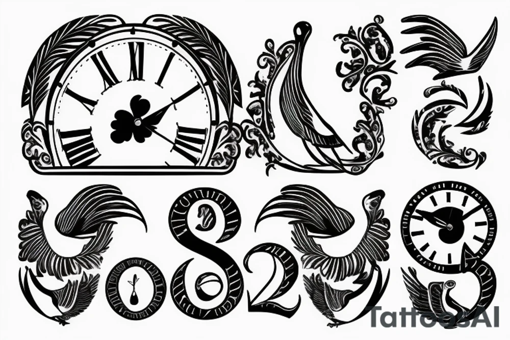 2 clocks 10:18 and 10:02
roman numerals dated 4/10/18 and 01/06/23
Two white doves tattoo idea