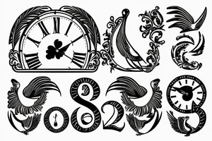 2 clocks 10:18 and 10:02
roman numerals dated 4/10/18 and 01/06/23
Two white doves tattoo idea