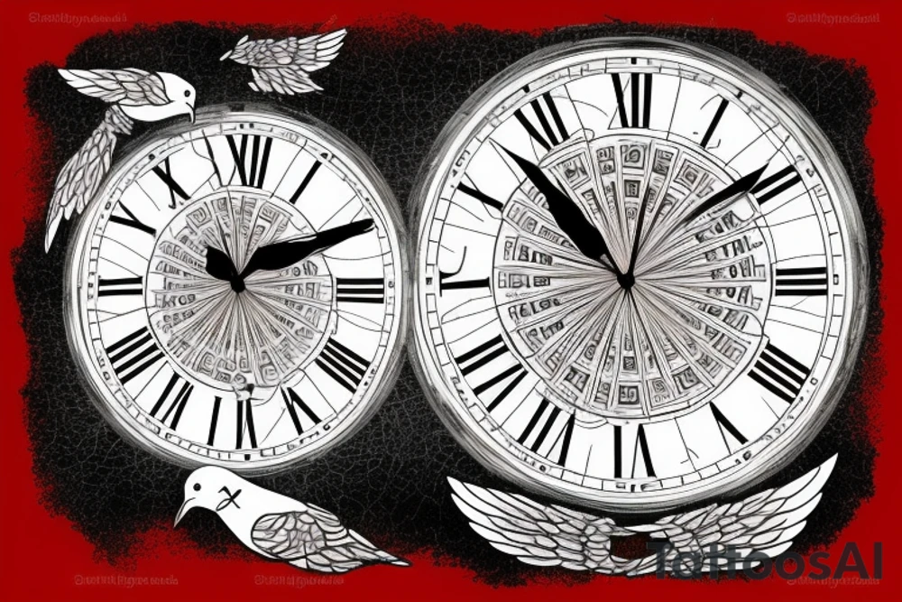 2 clocks 10:18 and 10:02
roman numerals dated 4/10/18 and 01/06/23
Two white doves tattoo idea