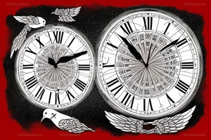 2 clocks 10:18 and 10:02
roman numerals dated 4/10/18 and 01/06/23
Two white doves tattoo idea