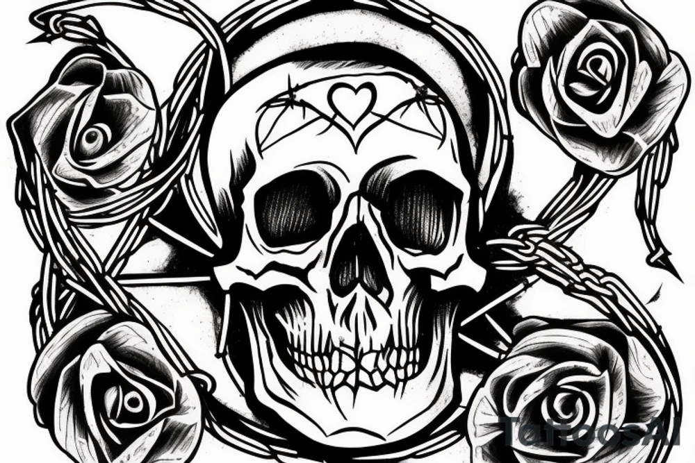 Skull with a halo made of barbed wire tattoo idea