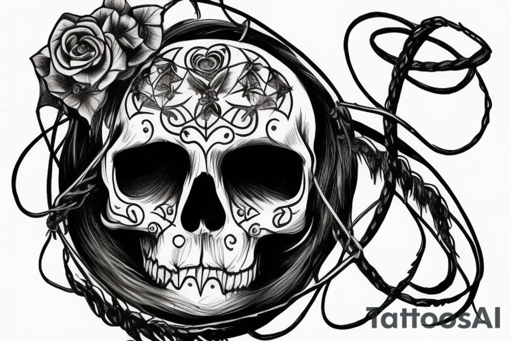 Skull with a halo made of barbed wire tattoo idea