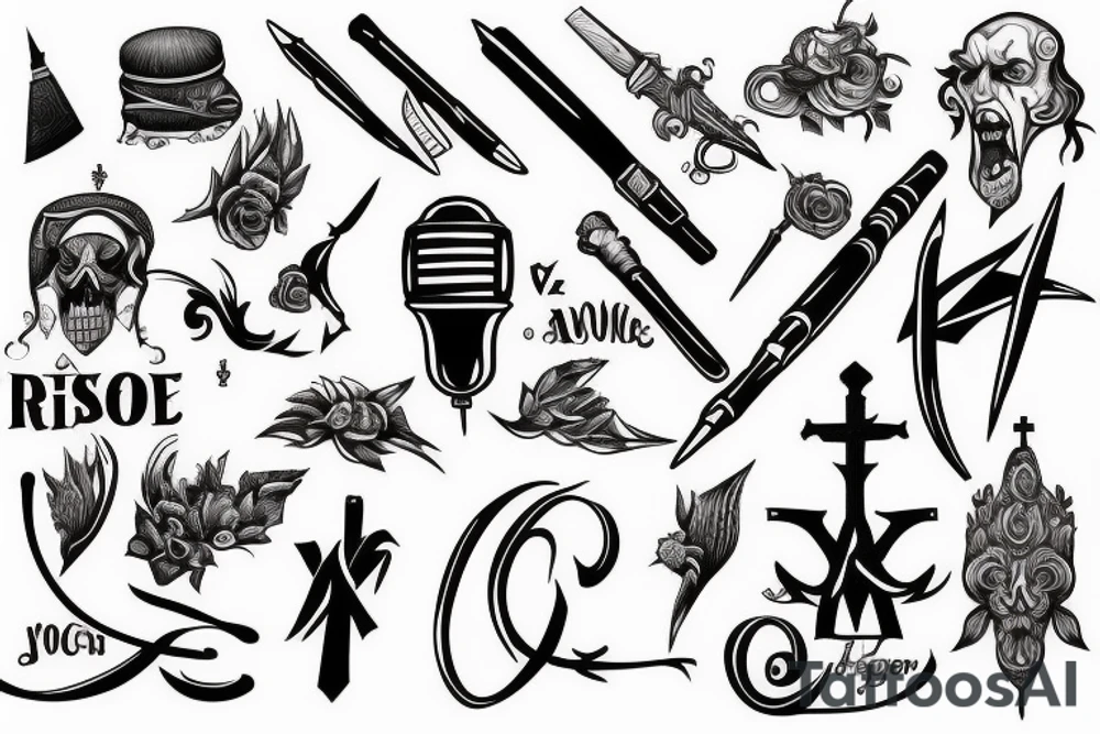 Religion, pen, voice and weapon tattoo idea