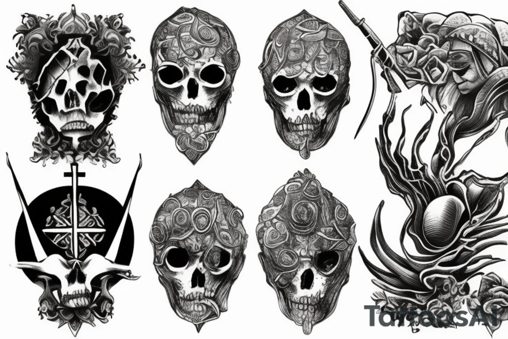 Religion, pen, voice and weapon tattoo idea