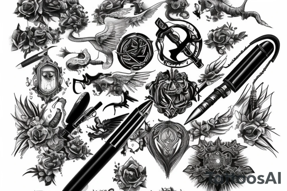 Religion, pen, voice and weapon tattoo idea