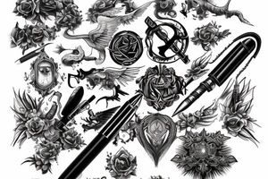 Religion, pen, voice and weapon tattoo idea