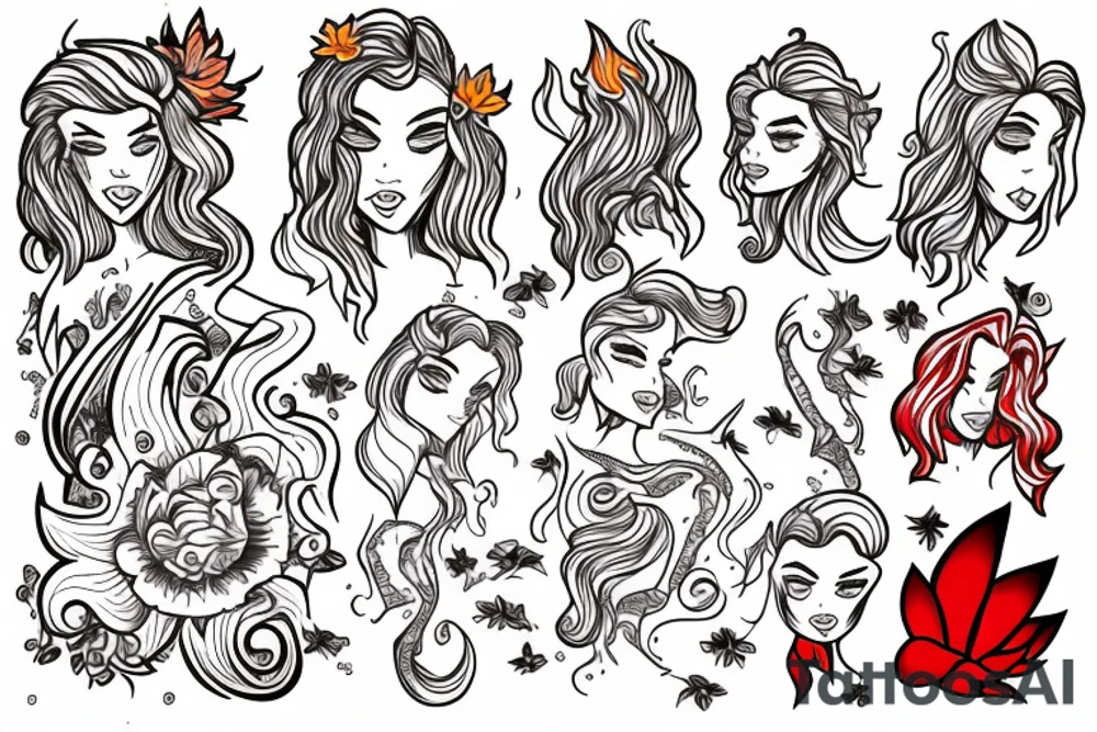 Flame princess with a flaming flower tattoo idea