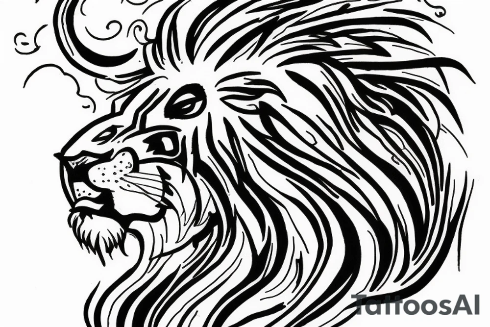 Lion head with clouds parting around with bible scrolls tattoo idea