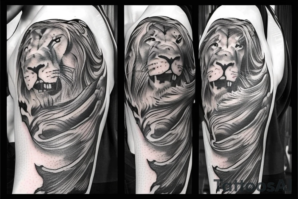Lion head with clouds parting around with bible scrolls tattoo idea Lion head with clouds parting around with bible scrolls tattoo idea