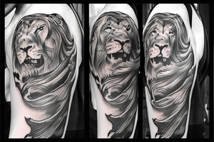 Lion head with clouds parting around with bible scrolls tattoo idea
