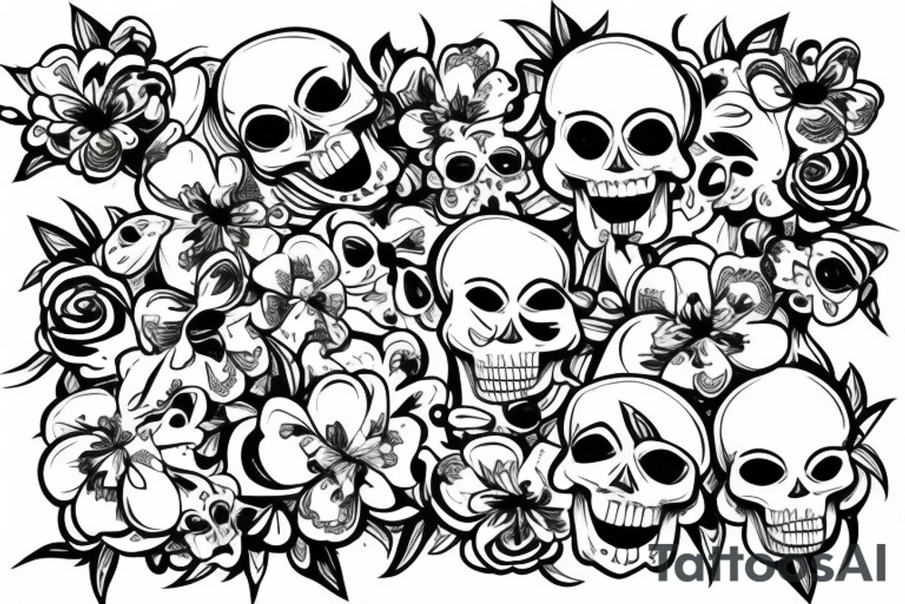 Skull with flowers and butterflies coming out of mouth tattoo idea