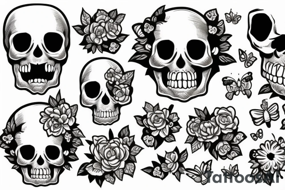 Skull with flowers and butterflies coming out of mouth tattoo idea