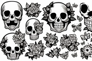 Skull with flowers and butterflies coming out of mouth tattoo idea