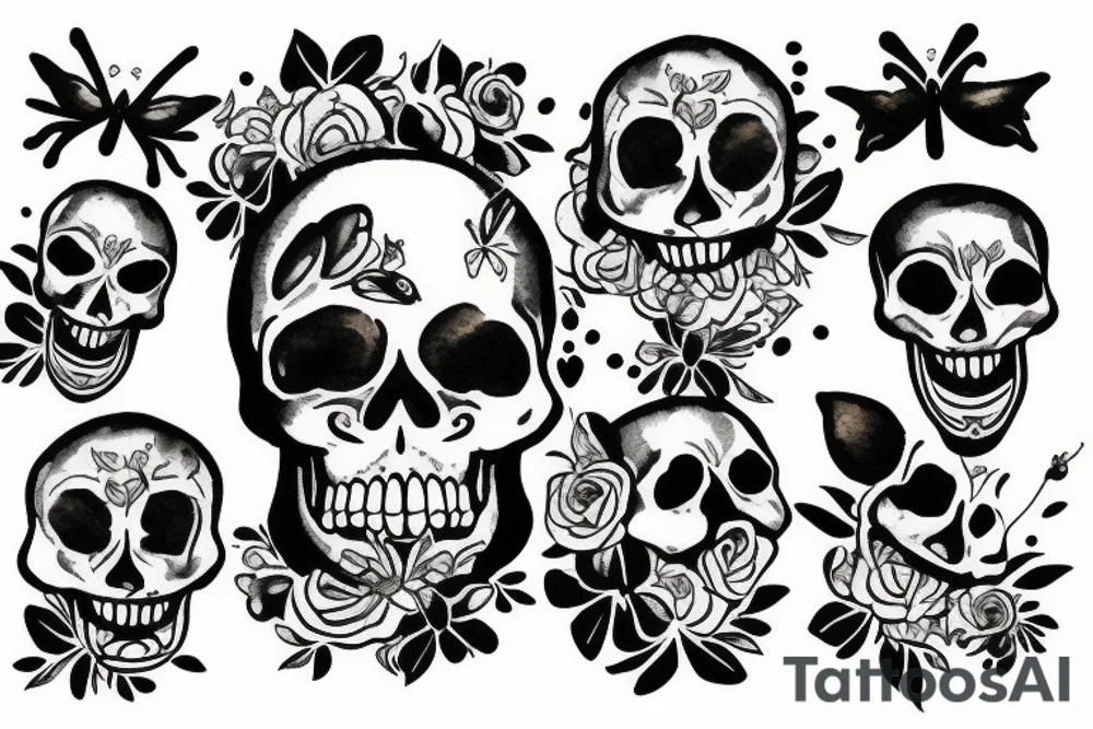 Skull with flowers and butterflies coming out of mouth tattoo idea