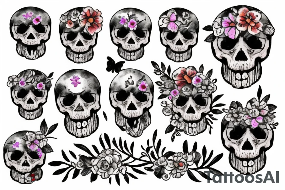 Skull with flowers and butterflies coming out of mouth tattoo idea
