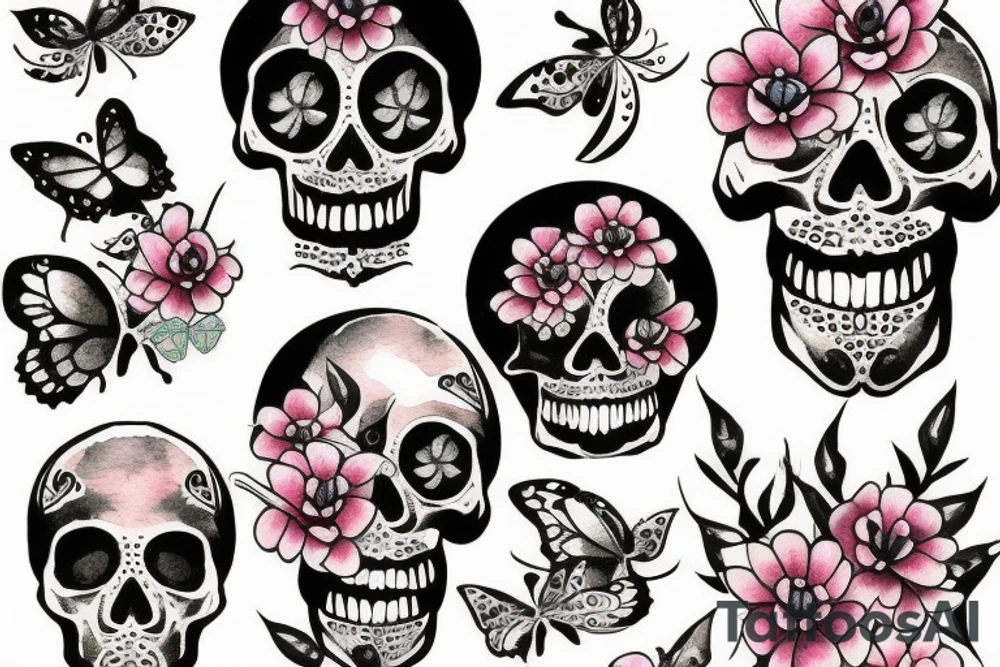 Skull with flowers and butterflies coming out of mouth tattoo idea