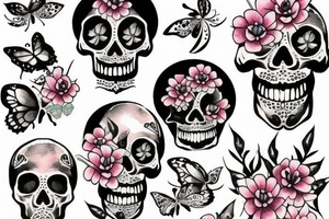 Skull with flowers and butterflies coming out of mouth tattoo idea