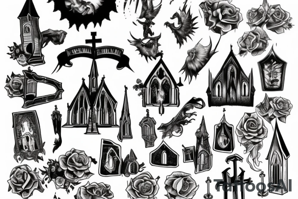 Burning gothic church 4k tattoo idea