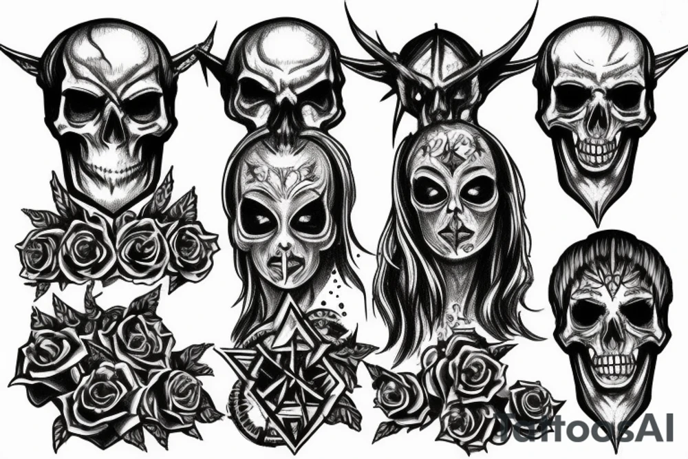 Burning gothic church, satanism, pentagram, realistic, skull tattoo idea