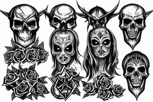 Burning gothic church, satanism, pentagram, realistic, skull tattoo idea