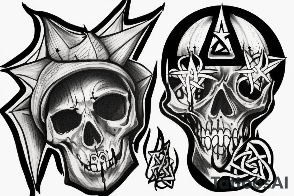 Burning gothic church, satanism, pentagram, realistic, skull tattoo idea