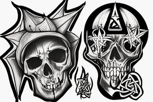 Burning gothic church, satanism, pentagram, realistic, skull tattoo idea