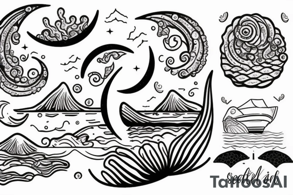 A woman sits on the seashore at night when in the background you see a half moon reflected in the water and a coral protruding from the sea tattoo idea