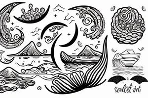 A woman sits on the seashore at night when in the background you see a half moon reflected in the water and a coral protruding from the sea tattoo idea