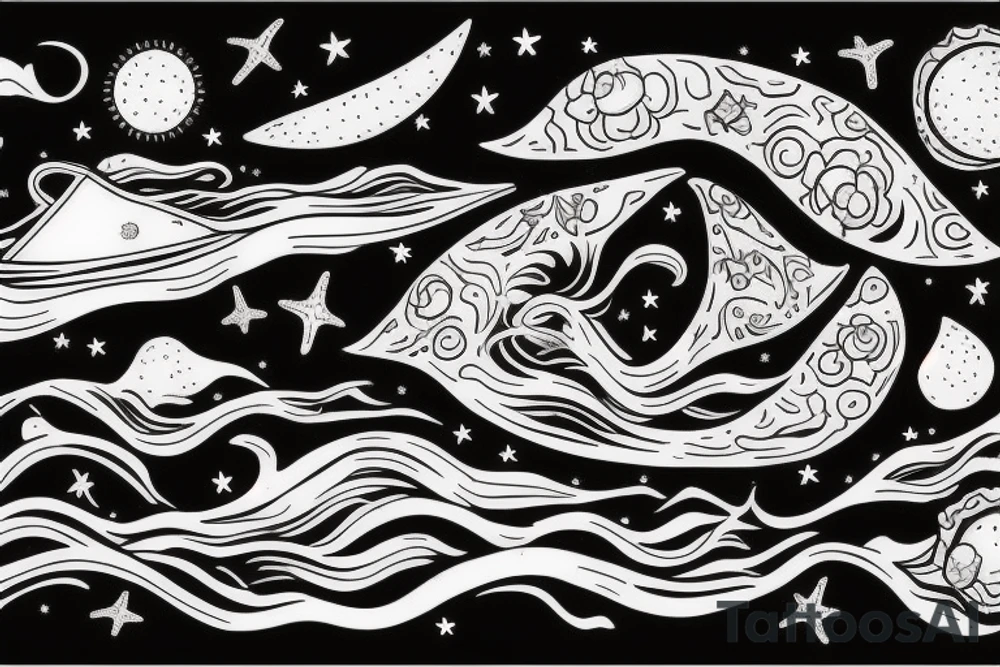 A woman sits on the seashore at night when in the background you see a half moon reflected in the water and a coral protruding from the sea tattoo idea