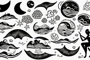A woman sits on the seashore at night when in the background you see a half-moon reflected in the water and a coral protruding from the sea tattoo idea