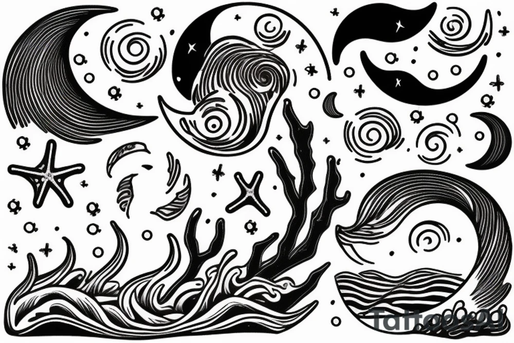 A woman sits on the seashore at night when in the background you see a half-moon reflected in the water and a coral protruding from the sea tattoo idea