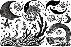 A woman sits on the seashore at night when in the background you see a half-moon reflected in the water and a coral protruding from the sea tattoo idea