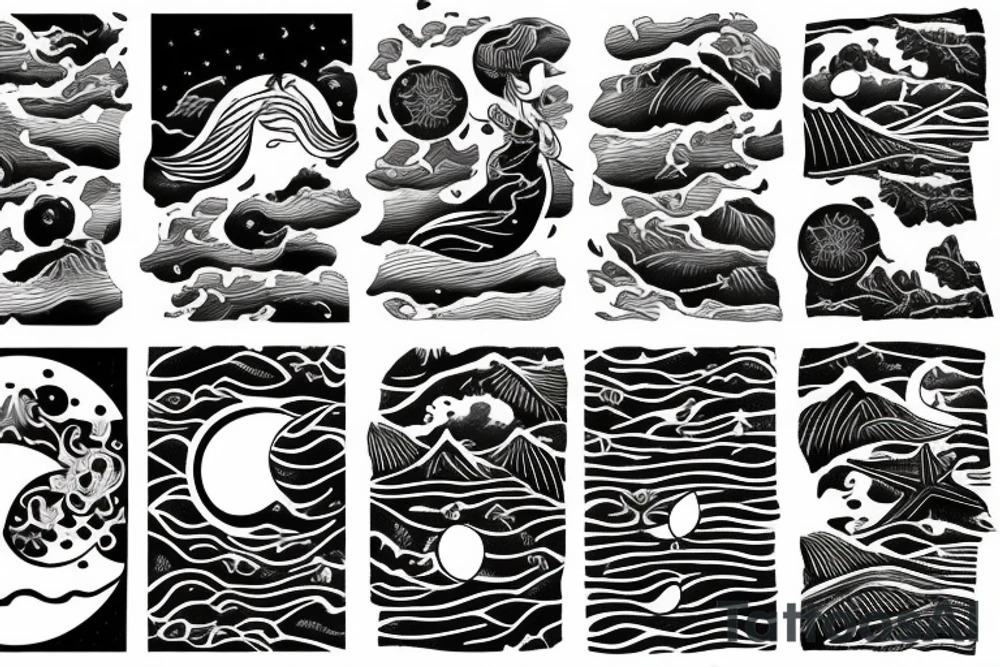 A woman sits on the seashore at night when in the background you see a half-moon reflected in the water and a coral protruding from the sea tattoo idea