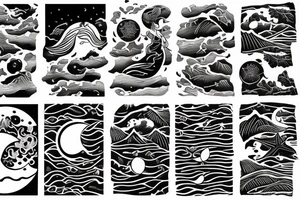 A woman sits on the seashore at night when in the background you see a half-moon reflected in the water and a coral protruding from the sea tattoo idea