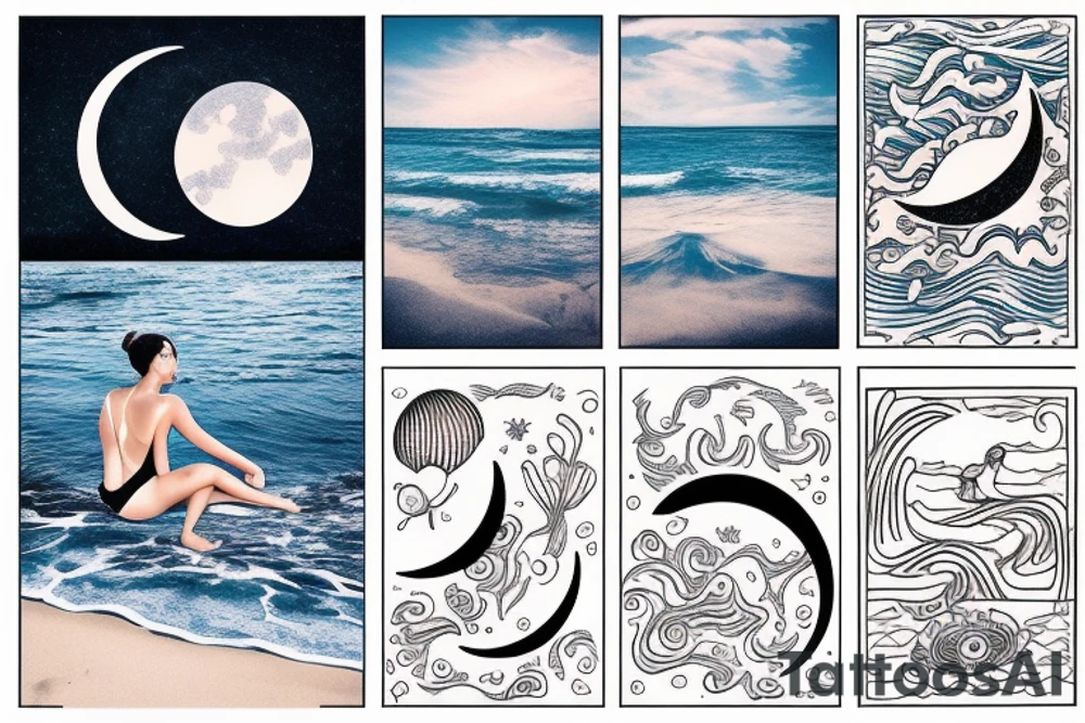 A woman sits on the seashore at night when in the background you see a half-moon reflected in the water and a coral protruding from the sea tattoo idea