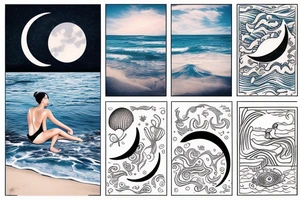 A woman sits on the seashore at night when in the background you see a half-moon reflected in the water and a coral protruding from the sea tattoo idea