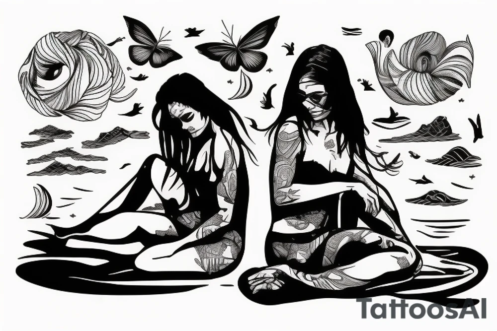 A woman sits on the seashore at night tattoo idea