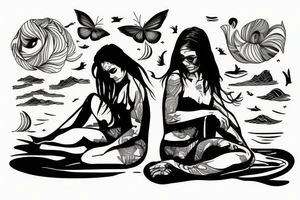 A woman sits on the seashore at night tattoo idea