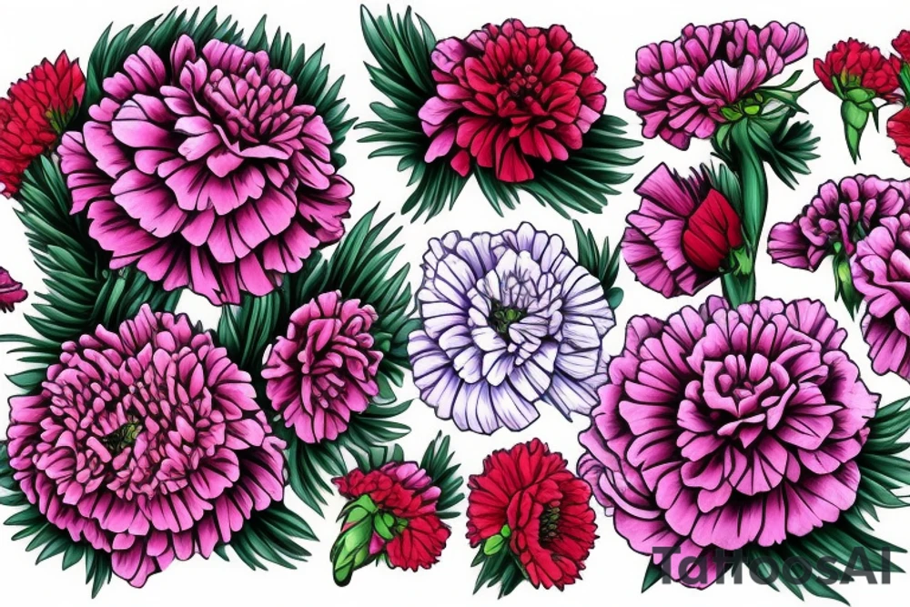Pink carnation, violet, sweet pea, red rose,  gladiolus, 2 chrysanthemums tattoo idea