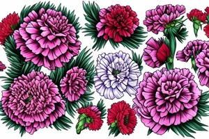 Pink carnation, violet, sweet pea, red rose,  gladiolus, 2 chrysanthemums tattoo idea