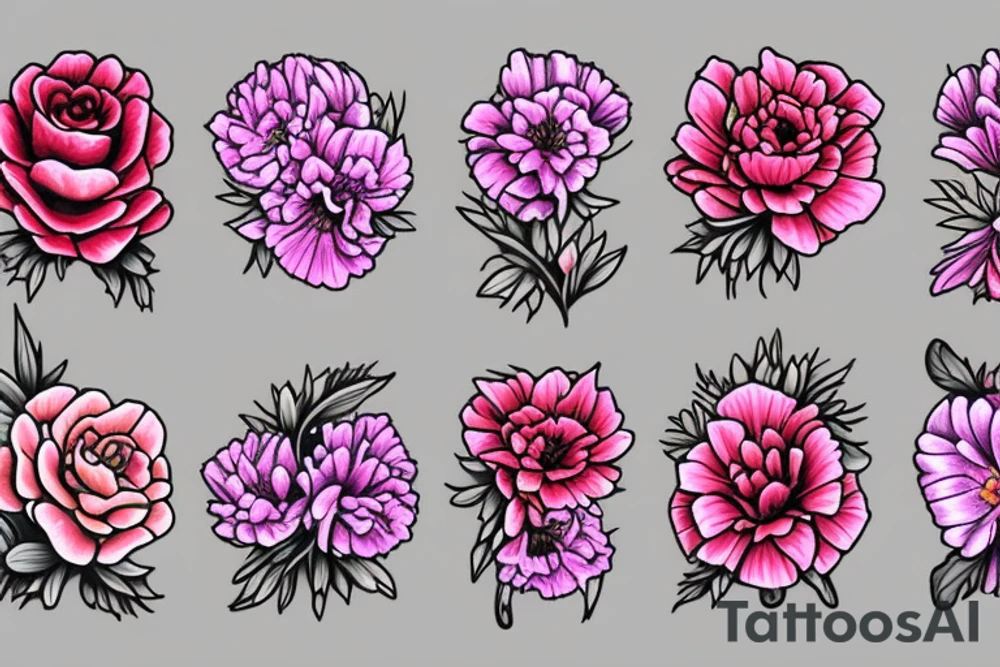 Pink carnation, violet, sweet pea, red rose,  gladiolus, 2 chrysanthemums tattoo idea